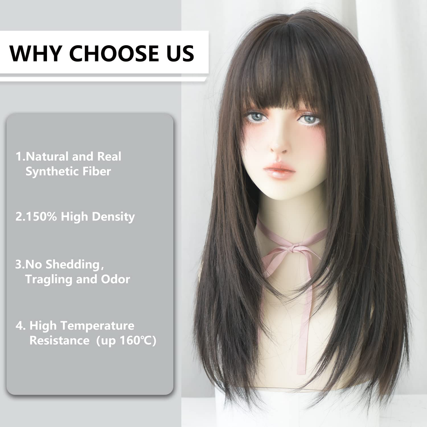 Black Wigs with Bangs Synthetic Dark Brown Wig Long Straight Wig for Women Party and cosplay wig (23" Natural Black NEW)