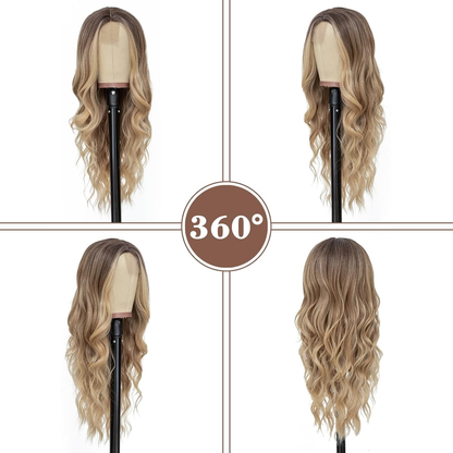Long Ombre Blonde Wavy Wig for Women 26 Inch Middle Part Curly Wavy Wig Natural Looking Synthetic Heat Resistant Fiber for Daily Party Use (Ombre Blonde)