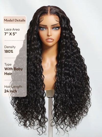 7x5 Bye-Bye Knots™ & 13x4 HD Lace Put On And Go Glueless Water Wave Grip Wig With Secure Silicone Strips and Drawstring With Baby Hair