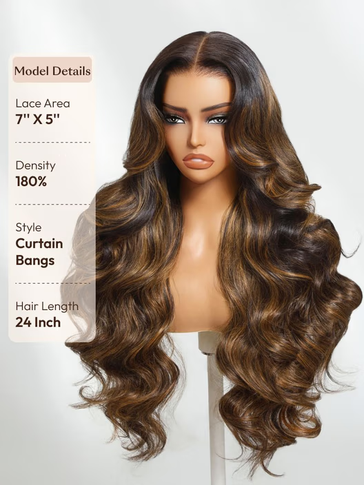 7x5 Bye Bye Knots™ Wig Glueless Lace Balayage Highlight Body Wave Drawstring & With Bangs Wig