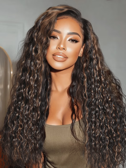 Bye-Bye Knots 7x5 Lace Water Wave Black Wig With Golden Brown Highlights & Natural Black 150% Density Perfect Beach