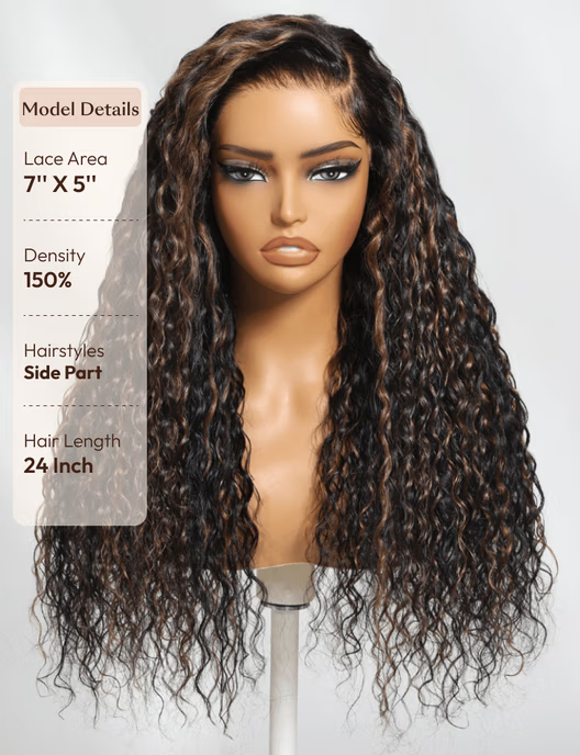Bye-Bye Knots 7x5 Lace Water Wave Black Wig With Golden Brown Highlights & Natural Black 150% Density Perfect Beach