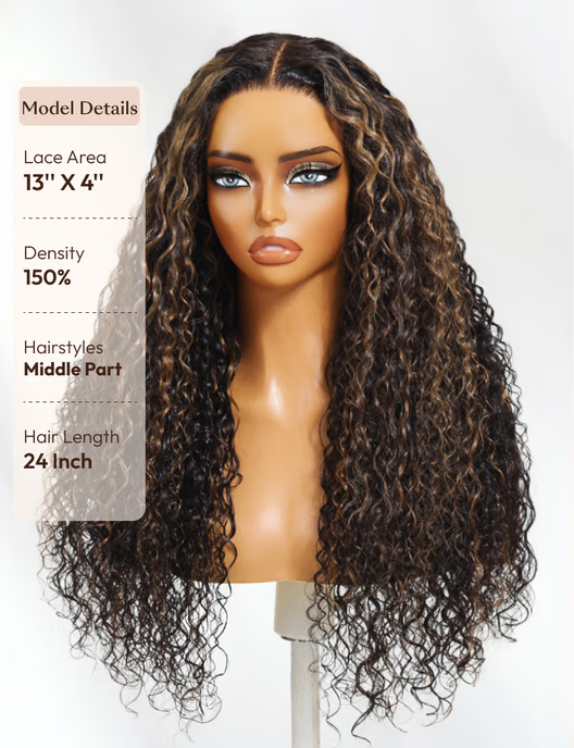 Bye-Bye Knots 7x5 Lace Water Wave Black Wig With Golden Brown Highlights & Natural Black 150% Density Perfect Beach
