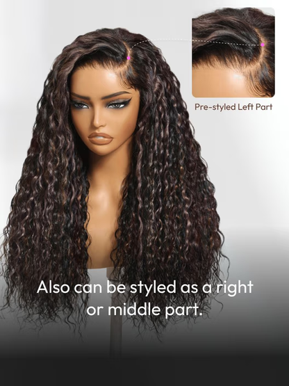 Bye-Bye Knots 7x5 Lace Water Wave Black Wig With Golden Brown Highlights & Natural Black 150% Density Perfect Beach