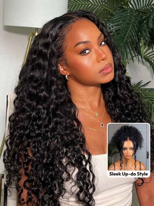 7x5 Bye Bye Knots & 13x4 Pre-Everything™ Lace Frontal Natural Black Bouncy Water Wave Curly Invisi Drawstring No Baby Hair