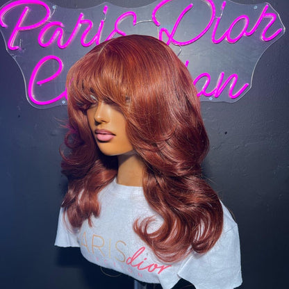 Reddish Brown Body Wave Lace Wig With Bangs