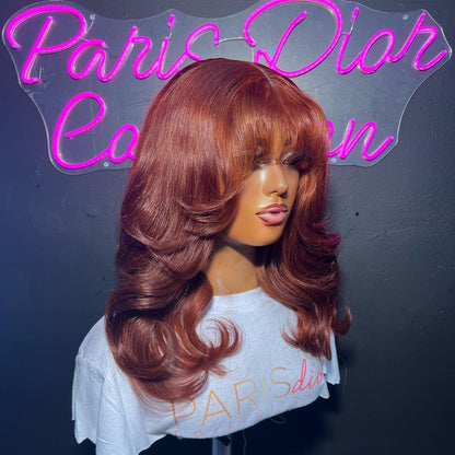 Reddish Brown Body Wave Lace Wig With Bangs