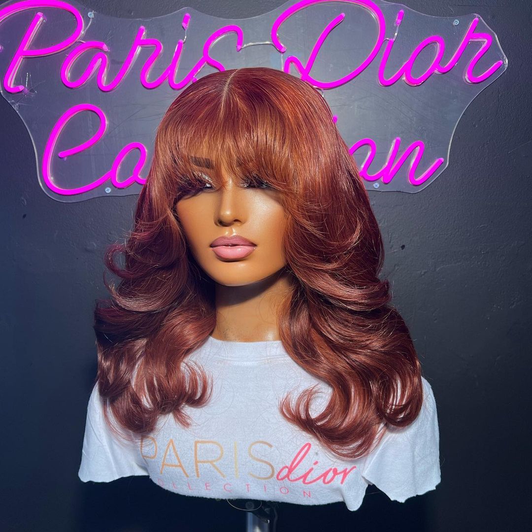 Reddish Brown Body Wave Lace Wig With Bangs