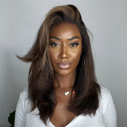 Dark Brown with Blonde Highlights Layered Wavy Lace Wig