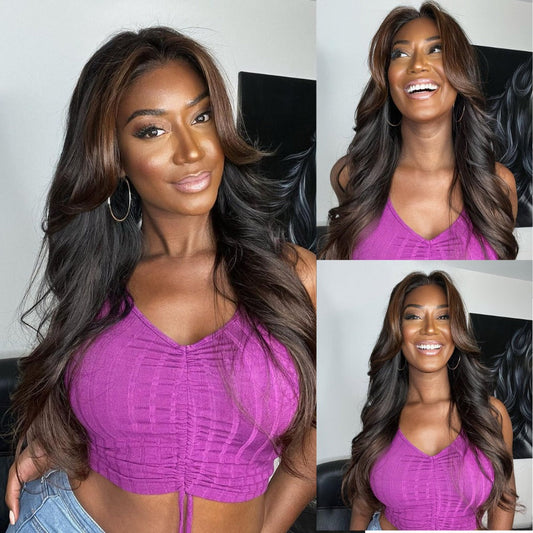 Rich Honey Brown Ombre with Long Layered Curtain Bangs Lace Wig