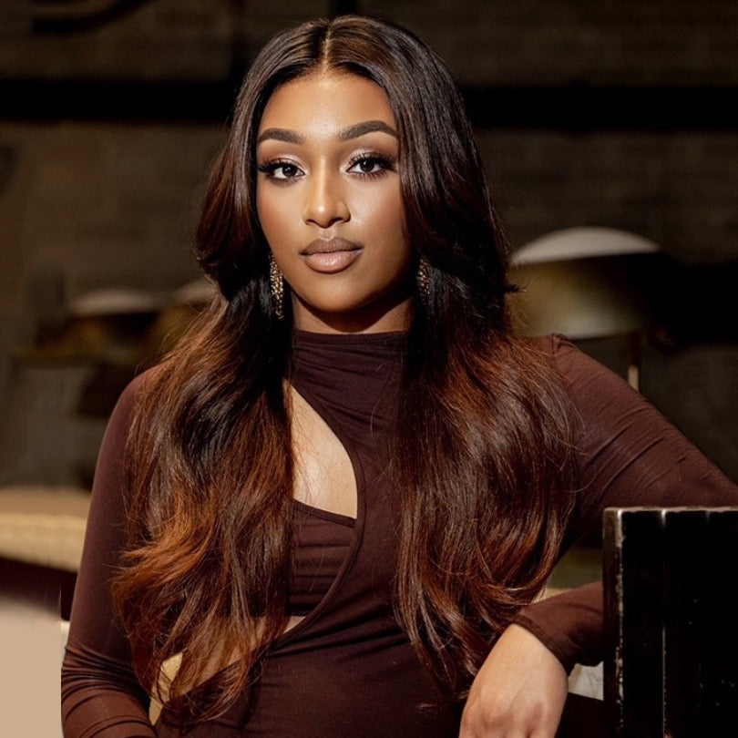Rich Honey Brown Ombre with Long Layered Curtain Bangs Lace Wig