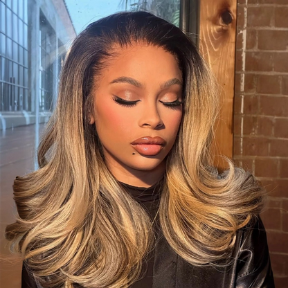 613 Ombre Blonde With Dark Root Layered Cut 13x4 Frontal Lace Wig