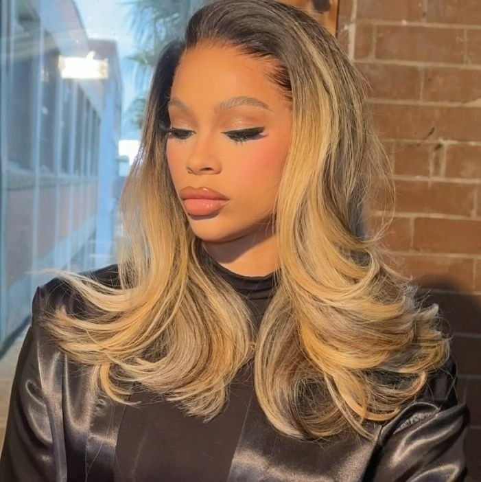 613 Ombre Blonde With Dark Root Layered Cut 13x4 Frontal Lace Wig