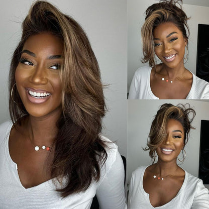 Dark Brown with Blonde Highlights Layered Wavy Lace Wig