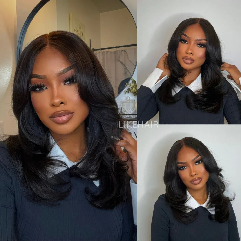 Put on & Go Long Natural Wavy Curtain Bangs Human Hair Lace Wig