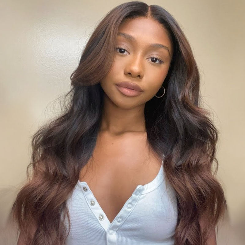 Rich Honey Brown Ombre with Long Layered Curtain Bangs Lace Wig