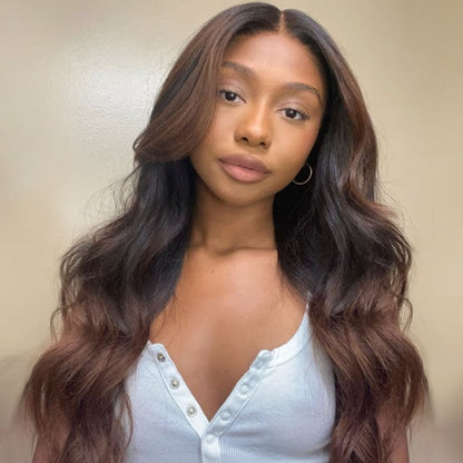 Rich Honey Brown Ombre with Long Layered Curtain Bangs Lace Wig