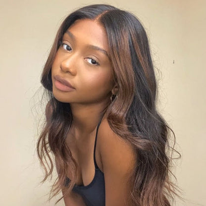 Rich Honey Brown Ombre with Long Layered Curtain Bangs Lace Wig