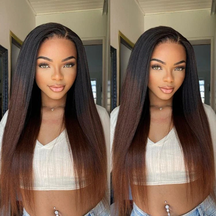 Ombre Brown Kinky Straight  5x5 HD Lace With 4C Kinky Edges Wig