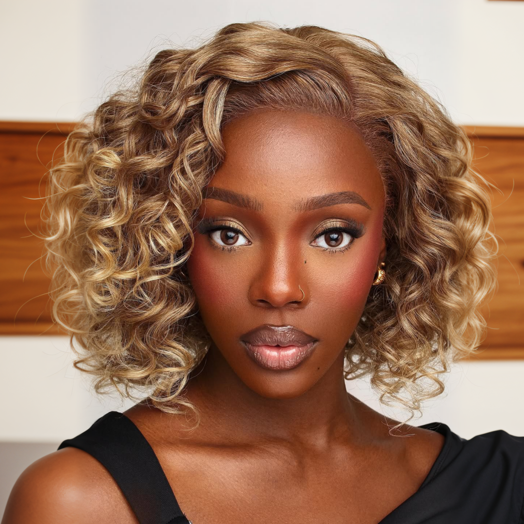 613 Golden Blonde Mix Brown Loose Curly Bob 13x4 Lace Front Wig