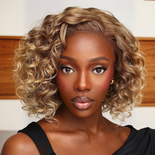 613 Golden Blonde Mix Brown Loose Curly Bob 13x4 Lace Front Wig