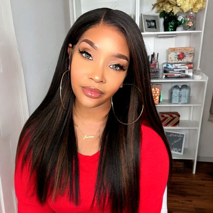 Kinky Straight Chestnut Brown Highlights Glueless Lace Front Wig