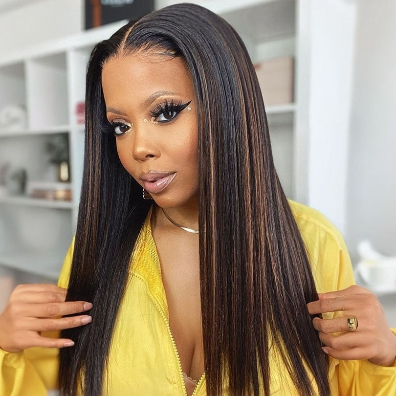 Kinky Straight Chestnut Brown Highlights Glueless Lace Front Wig