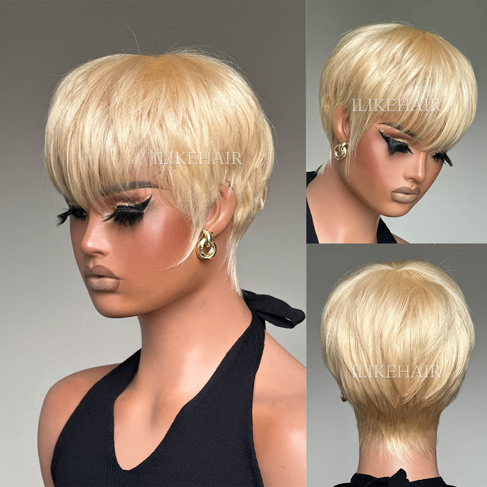 Put on & Go Layered Short Pixie Cut Human Hair Wig With Bang