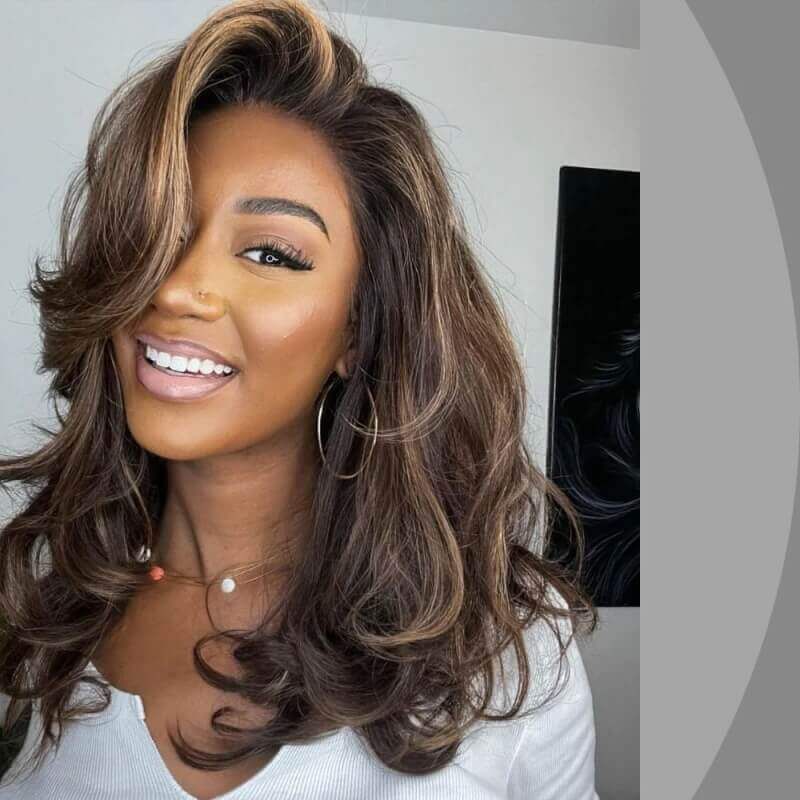 Dark Brown with Blonde Highlights Layered Wavy Lace Wig