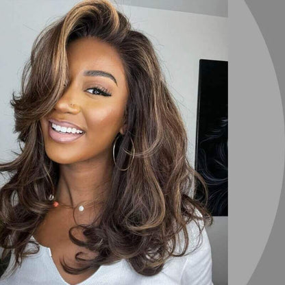 Dark Brown with Blonde Highlights Layered Wavy Lace Wig
